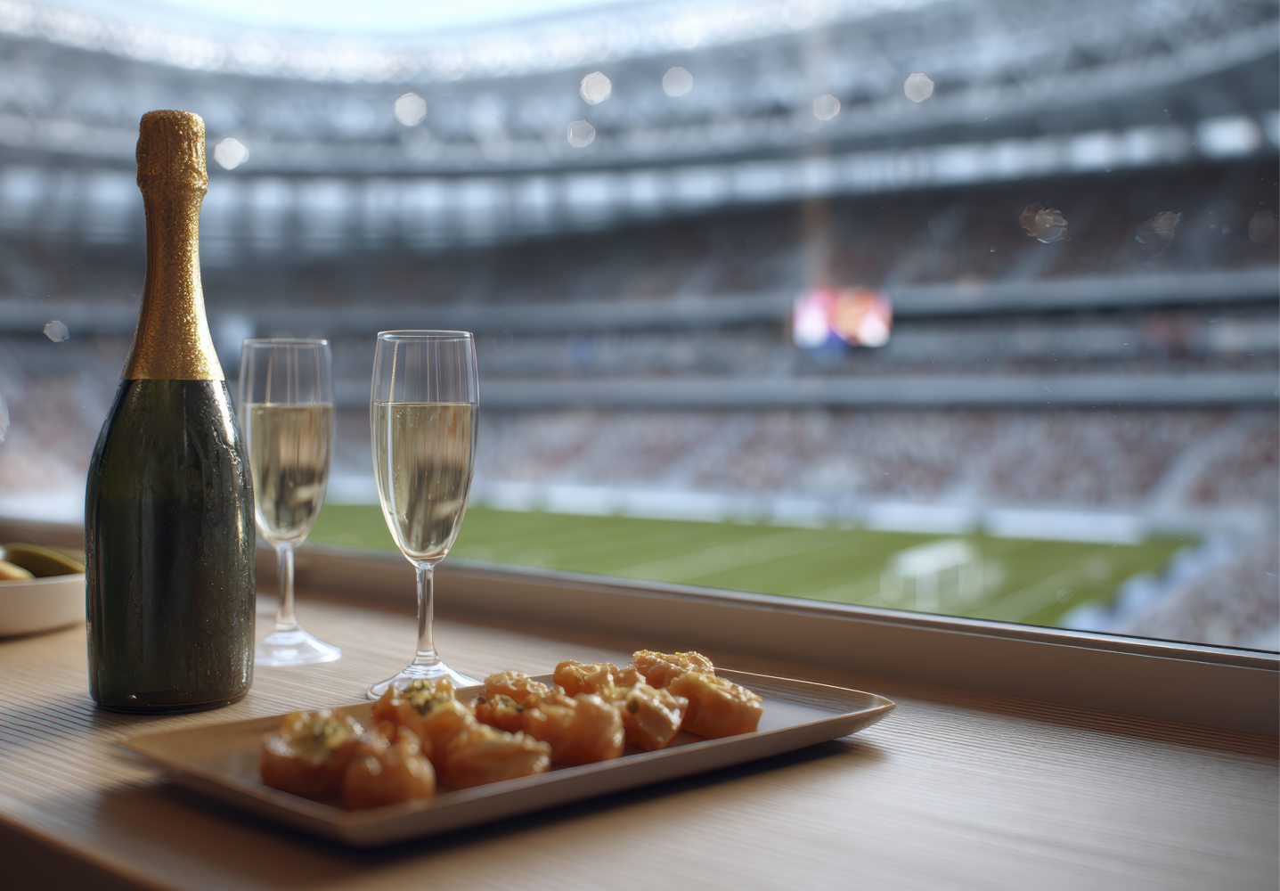 Champagne and canapés in a stadium hospitality box