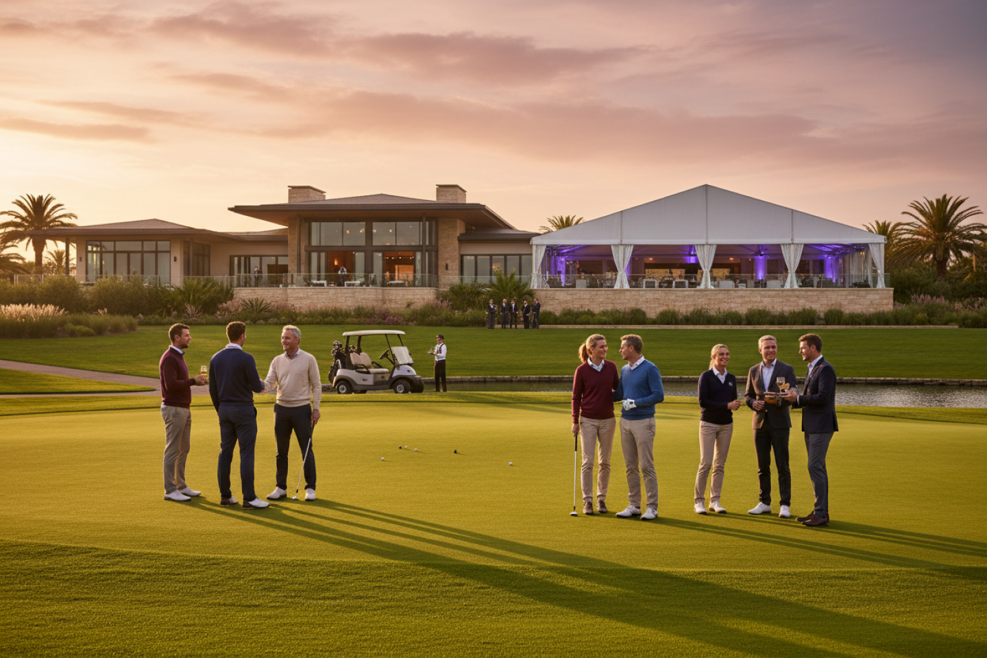 Guests at a corporate golf hospitality day at sunset
