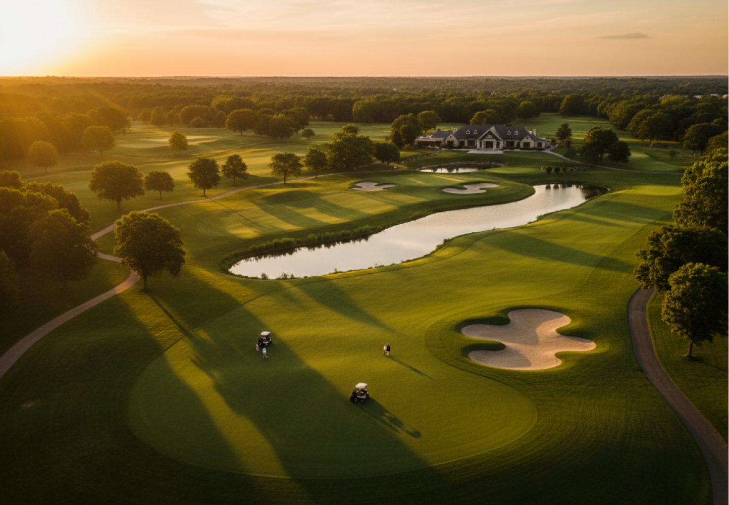 Aerial view of a prestige golf course at sunset