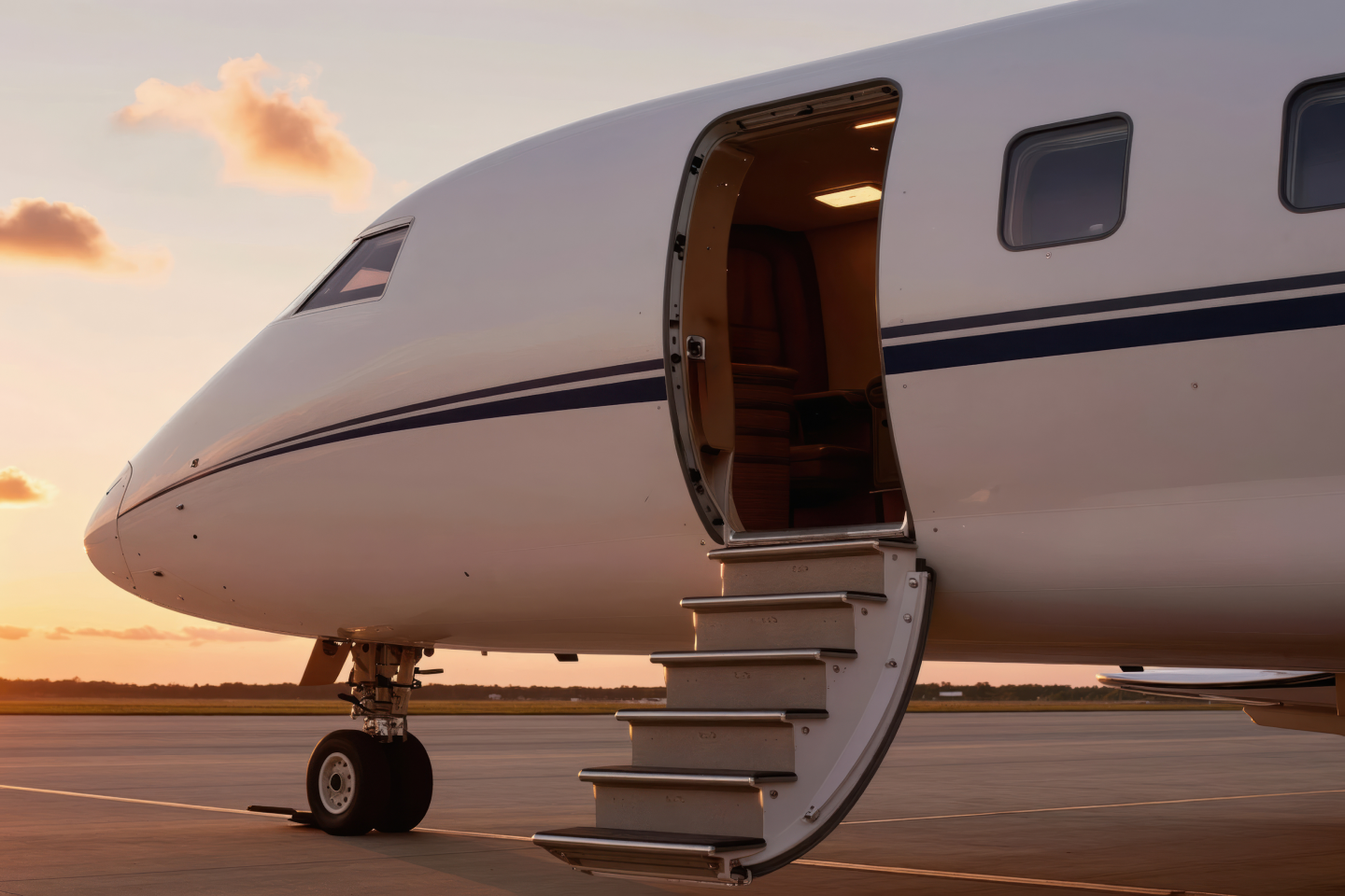 Private jet with the door open at sunset